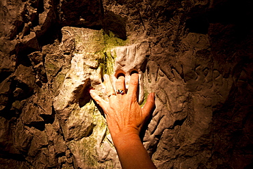 Chalk carving of face in hand-dug tunnel, Hell-Fire Caves, West Wycombe, Buckinghamshire, England, United Kingdom, Europe