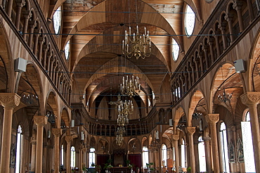 Wooden interior of St. Peter and Paul's Cathedral in Paramaribo, Suriname, South America