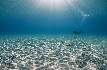 Solitary scuba diver in shallow sandy bay, with sun beams, Naama Bay, Sharm El Sheikh, Red Sea, Egypt, North Africa, Africa