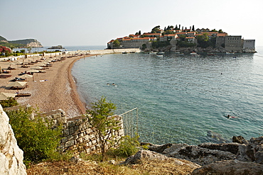 The small islet of Sveti Stefan, now an exclusive Aman hotel resort, Budva, Montenegro, Europe