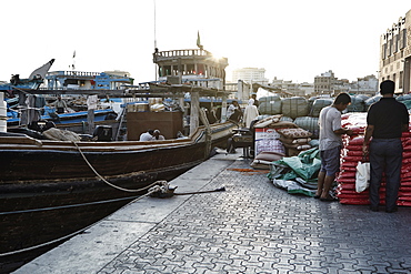 Free-trade port Dubai Creek, with dhows piled high with a range of goods, Dubai, United Arab Emirates, Middle East