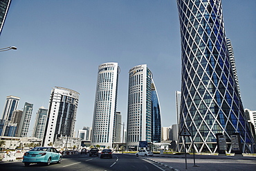 Downtown Doha with its impressive skyline of skyscrapers, Doha, Qatar, Middle East