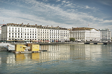 Quai du Mont Blanc, Geneva, Switzerland.  On the Banks of Lake Geneva, a gathering of luxury Watch companies reside. Geneva, Switzerland