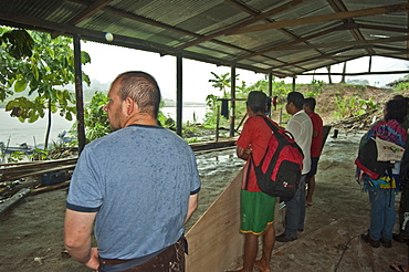 Sheltering from the rainstorm, Rio Aguarico, Ecuador.  