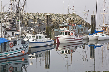 Scenes from the harbor on a foggy day in Alert Bay on Cormorant Island, British Columbia, Canada. No model or property releases.