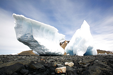 Grounded iceberg detail in and around the Antarctic Peninsula during the summer months. More icebergs are being created as global warming is causing the breakup of major ice sheets.