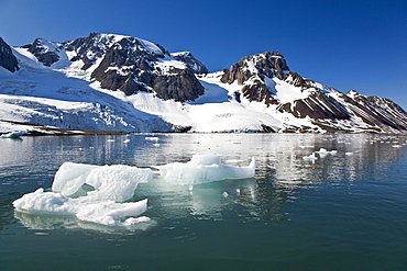 A view of Storpollen Glacier, on the southwestern side of Spitsbergen Island in the Svalbard Archipelago, Barents Sea, Norway.