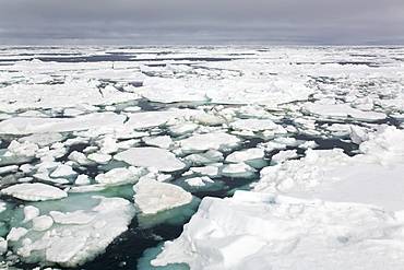 Open leads surrounded by multi-year ice floes in the Barents Sea between EdgeØya (Edge Island) and Kong Karls Land in the Svalbard Archipelago, Norway.