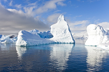 Iceberg detail in and around the Antarctic Peninsula during the summer months. More icebergs are being created as global warming is causing the breakup of major ice shelves and glaciers.