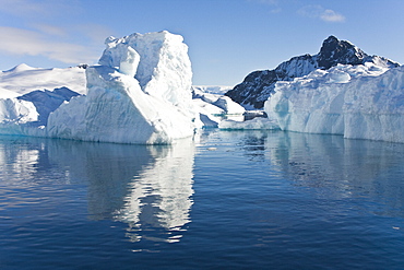 Iceberg detail in and around the Antarctic Peninsula during the summer months. More icebergs are being created as global warming is causing the breakup of major ice shelves and glaciers.