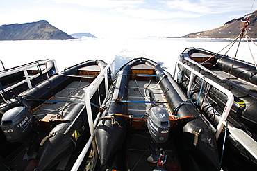 The National Geographic Endeavour and its inflatable Zodiacs breaking through fast ice in and around the Antarctic Peninsula.