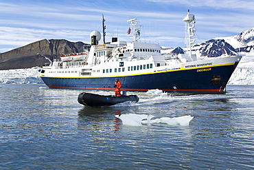 The expedition travel ship National Geographic Endeavour and Zodiac working near Spitsbergen in the Barents Sea, Norway.