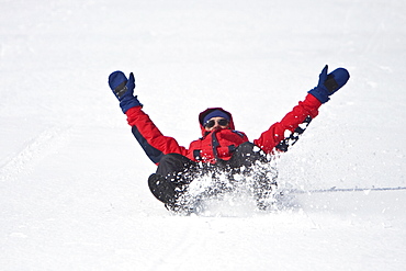 Lindblad Expeditions guests sliding down a hill on their snow pants in Antarctica as part of expedition travel. NO MODEL RELEASES FOR THIS IMAGE.