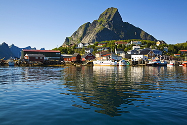 Late evening light on the picturesque Norwegian fishing town of Reine in the Lofoton Island Group, Norway.