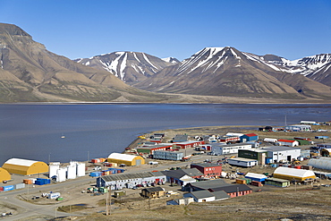 A view of the town of Longyearbyen on the west side of  Spitsbergen Island in the Svalbard Archipelago in the Barents Sea, Norway. 