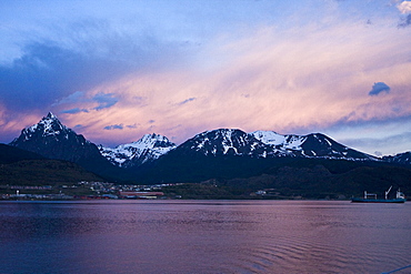 Sunset over the town of Ushuaia, Argentina on the island of Tierra del Fuego. This city bills itself as the southernmost city in the world.