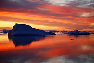 Sunset on fresh sea ice and tabular icebergs in the Weddell Sea, Antarctica.