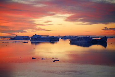 Sunset on fresh sea ice and tabular icebergs in the Weddell Sea, Antarctica.