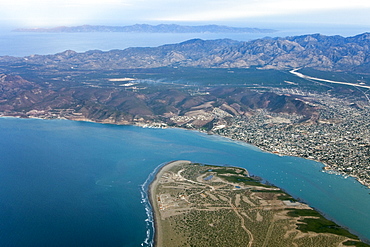 Aerial view of the capital city La Paz, Baja California Sur, Mexico taken from a commercial Aero Mexico flight.