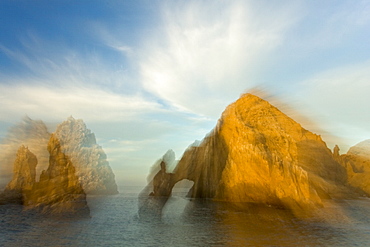 A view of Land's End (finisterra in Spanish), the famous granite arch formation just outside the harbor in Cabo San Lucas, Baja California Sur, Mexico.