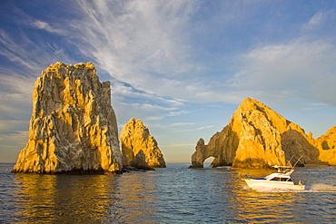 A view of Land's End (finisterra in Spanish), the famous granite arch formation just outside the harbor in Cabo San Lucas, Baja California Sur, Mexico.