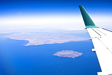 Aerial view of Isla San Esteban (foreground) and Isla Tiburon - the largest island in the Gulf of California (Sea of Cortez), Sonora, Mexico taken from a commercial flight. 