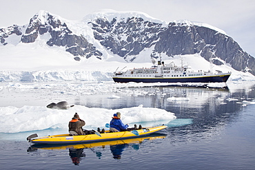 National Geographic photographer Joel Sartore and his wife Kathy kayaking with a leopard seal near Danco Island, Antarctica