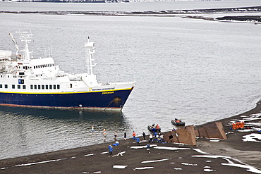 The Lindblad Expedition ship National Geographic Endeavour operating in Whalers Bay inside the caldera of Deception Island in the South Shetland Islands, Antarctica