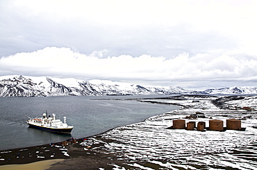 The Lindblad Expedition ship National Geographic Endeavour operating in Whalers Bay inside the caldera of Deception Island in the South Shetland Islands, Antarctica