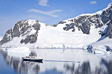 The Lindblad Expedition ship National Geographic Endeavour operating in and around the Antarctic peninsula in Antarctica