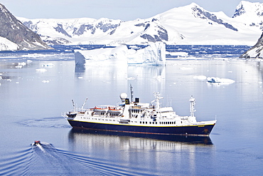 The Lindblad Expedition ship National Geographic Endeavour operating in and around the Antarctic peninsula in Antarctica