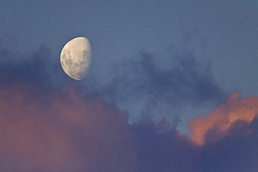 The Lindblad Expedition ship National Geographic Explorer in Dahlman Bay in late evening light as the waxing moon rises on the west side of the Antarctic Peninsula in Antarctica. 