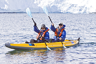 Guests from the Lindblad Expedition ship National Geographic Explorer kayaking in and around the Antarctic Peninsula in the summer months.