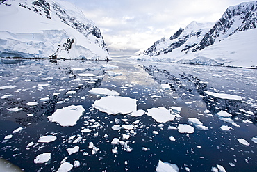 The Lindblad Expedition ship National Geographic Explorer transits Lemaire Channel in late evening light on the west side of the Antarctic peninsula in Antarctica