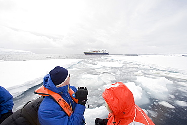 The Lindblad Expedition ship National Geographic Explorer operating in and around the Antarctic peninsula in Antarctica