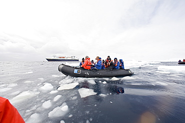 The Lindblad Expedition ship National Geographic Explorer operating in and around the Antarctic peninsula in Antarctica