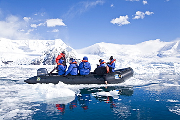 The Lindblad Expedition ship National Geographic Explorer operating in and around the Antarctic peninsula in Antarctica