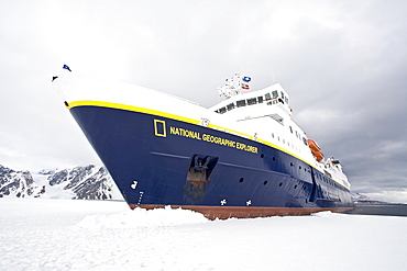 The Lindblad Expedition ship National Geographic Explorer operating in and around the Antarctic peninsula in Antarctica