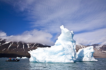 Calved icebergs from the glaciers at BlomstrandhalvÃ¸ya in Kongsfjord on the western side of Spitsbergen in the Svalbard Archipelago, Norway.