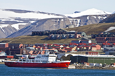 A view of the town of Longyearbyen on the west side of  Spitsbergen Island in the Svalbard Archipelago in the Barents Sea, Norway