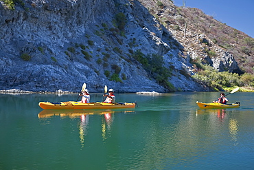 Kayaking in a brackish lagoon along the Baja Peninsula in the Gulf of California (Sea of Cortez), Baja California Norte, Mexico. No model or property releases for this image. 