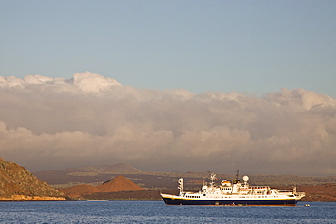 The Lindblad Expedition ship National Geographic Endeavour and its Zodiac fleet operating in the Galapagos Islands, Ecuador, Pacific Ocean.