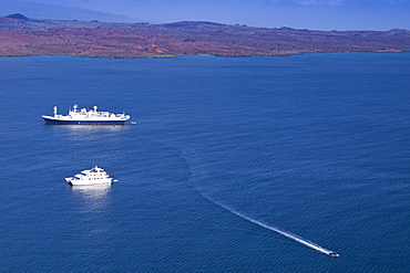 The Lindblad Expedition ship National Geographic Endeavour and its Zodiac fleet operating in the Galapagos Islands, Ecuador, Pacific Ocean.