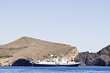 The Lindblad Expedition ship National Geographic Endeavour and its Zodiac fleet operating in the Galapagos Islands, Ecuador, Pacific Ocean.