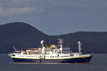 The Lindblad Expedition ship National Geographic Endeavour and its Zodiac fleet operating in the Galapagos Islands, Ecuador, Pacific Ocean.