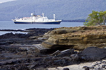 The Lindblad Expedition ship National Geographic Endeavour and its Zodiac fleet operating in the Galapagos Islands, Ecuador, Pacific Ocean.