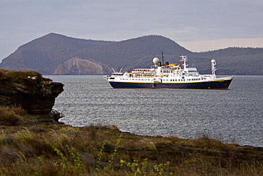 The Lindblad Expedition ship National Geographic Endeavour and its Zodiac fleet operating in the Galapagos Islands, Ecuador, Pacific Ocean.