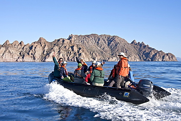 Zodiac from the Lindblad expedition ship National Geographic Sea Lion staff in the Gulf of California (Sea of Cortez) near the Baja Peninsula, Mexico.