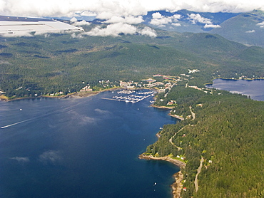 An aerial view of Auke Bay just north of Juneau in Southeast Alaska, USA. Pacific Ocean.