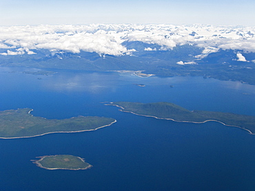 Aerial view of the Glass Peninsula and North Pass just north of Juneau in Southeast Alaska, USA. Pacific Ocean.